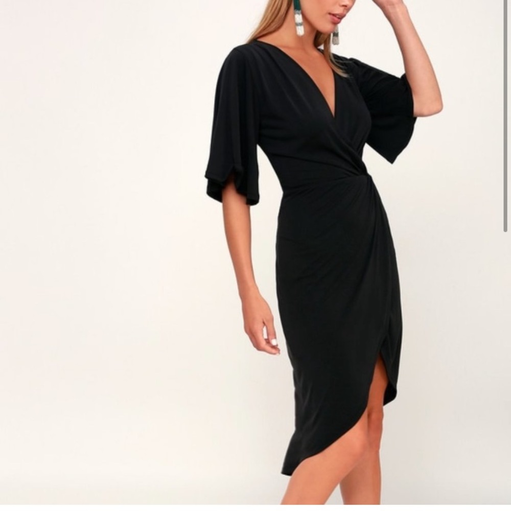 Lulus Dulcet Washed Black Surplice Wrap MIDI Dress